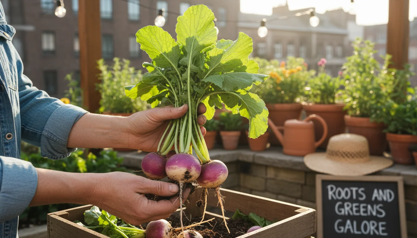Gardener's hands holding several freshly harvested small turnips with vibrant green tops and soil clinging to roots, on a blurred patio background.