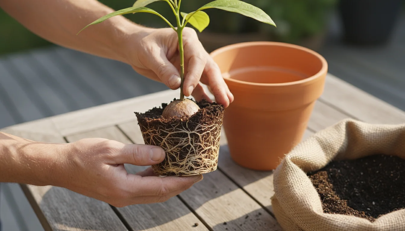 Close-up of a gardener's hands holding a small avocado plant, revealing its root ball and exposed pit, next to an empty new pot.