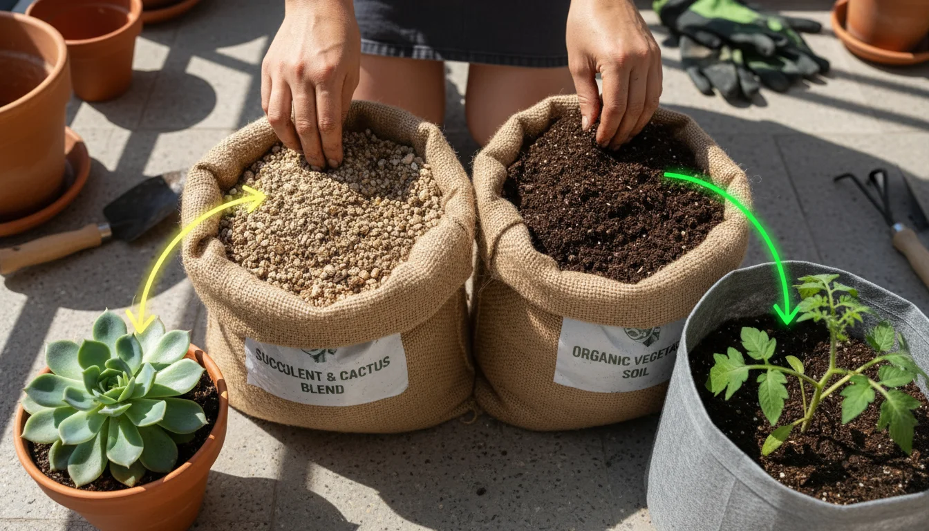 A gardener's hands hover between gritty succulent mix and dark vegetable soil, with a succulent and a tomato plant on a sunny balcony.