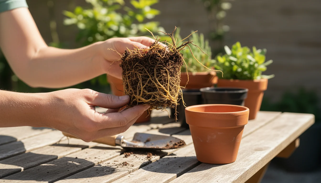 Gardener's hands inspect a diseased root ball from a terracotta pot on a patio table, deciding on soil reuse.