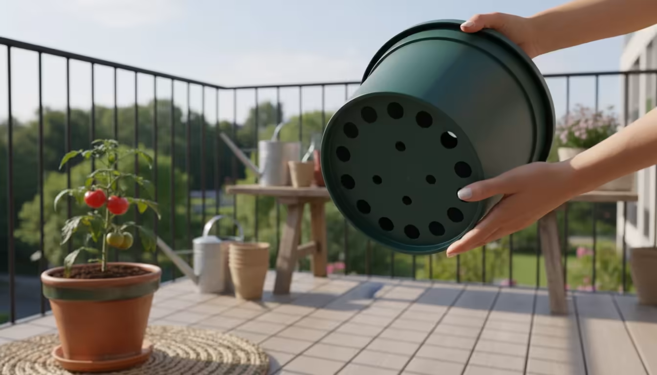 A gardener's hands inspect the drainage holes of a large dark green plastic pot on a sunny balcony, with a terracotta pot and open potting mix bag nea