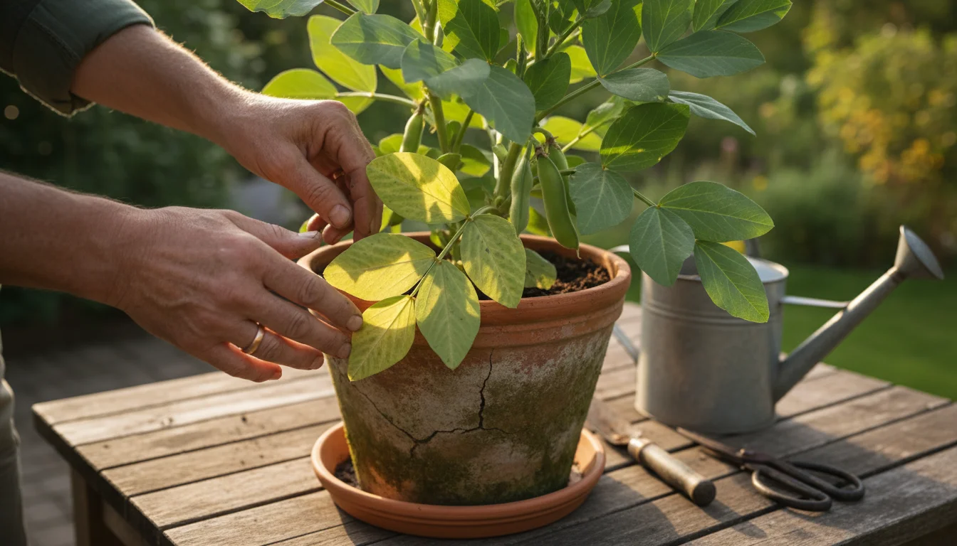 A gardener's hands gently inspect a fava bean plant in a terracotta pot with yellowing leaves on a wooden patio table.
