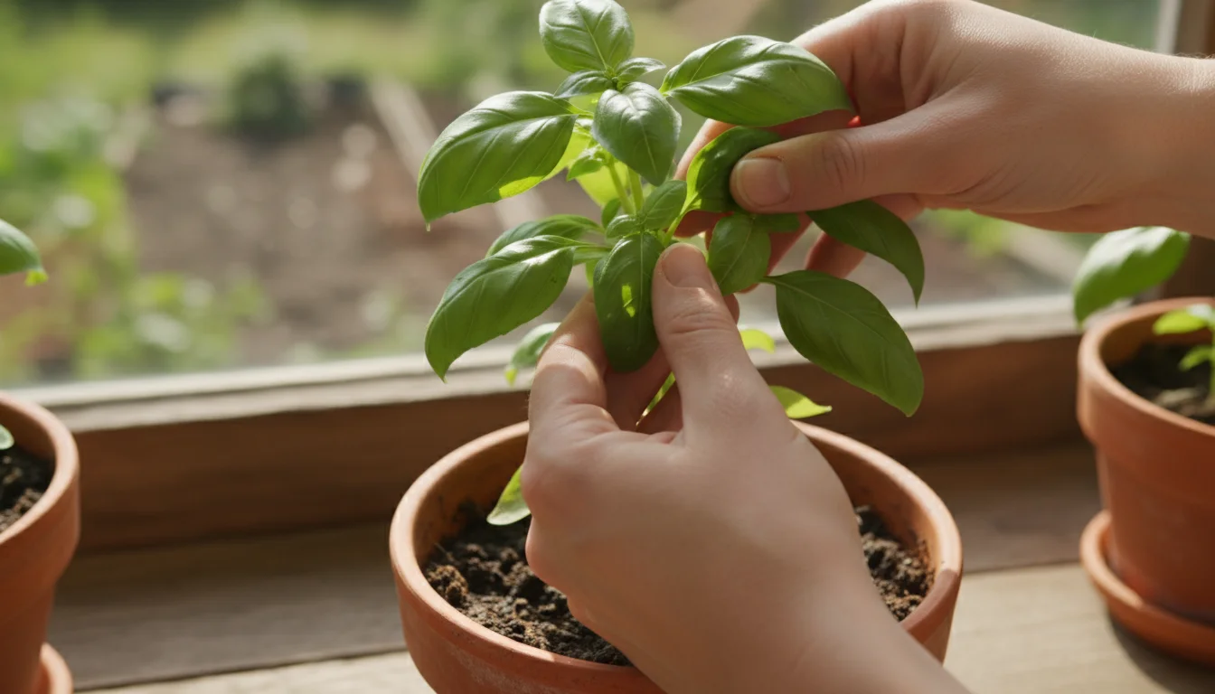 A gardener's hands gently inspect the healthy green leaves of a basil plant in a terracotta pot on a container-filled balcony.