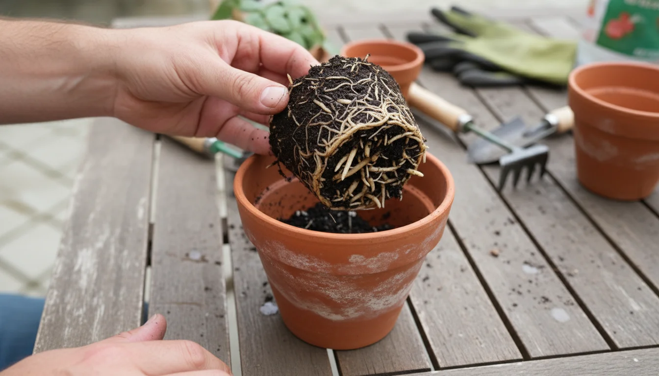 A gardener's hands gently inspect the roots of a partially unpotted Christmas cactus on a wooden table for signs of root rot.