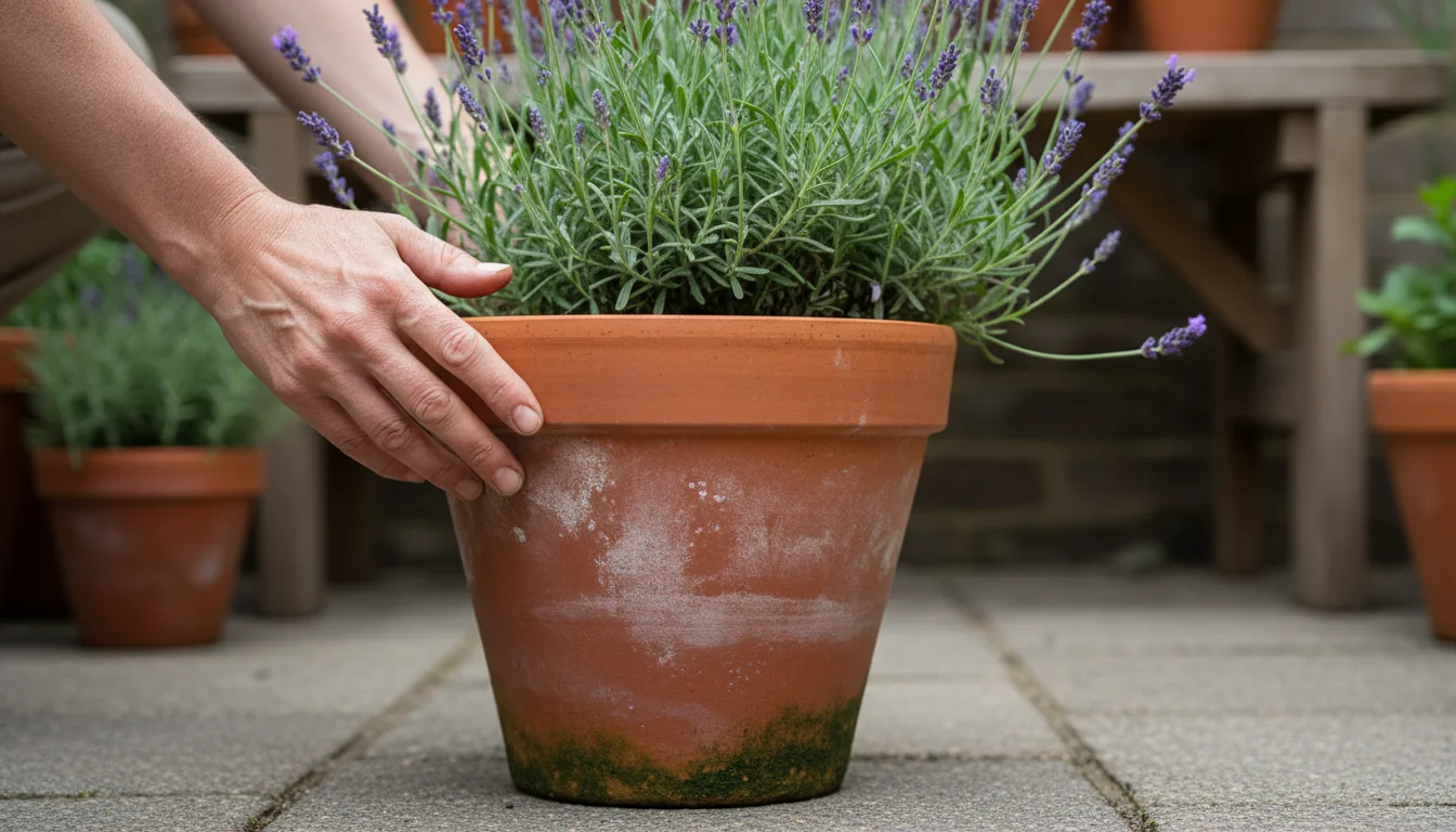 Gardener's hands inspect a terracotta pot with mineral salt deposits and algae, holding a lavender plant on a patio.
