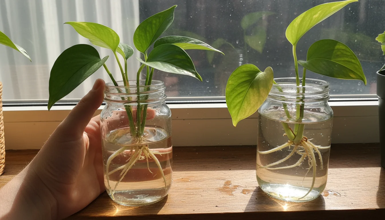 A gardener's hands inspect two Pothos cuttings in glass jars on a windowsill; one is vibrant green, the other has a slightly yellowing lower leaf.