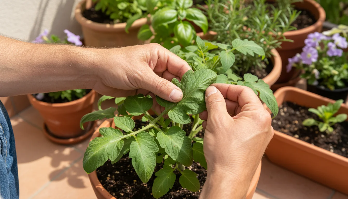A gardener's hands gently inspect the underside of a container tomato leaf on a sunny patio, checking for pests.