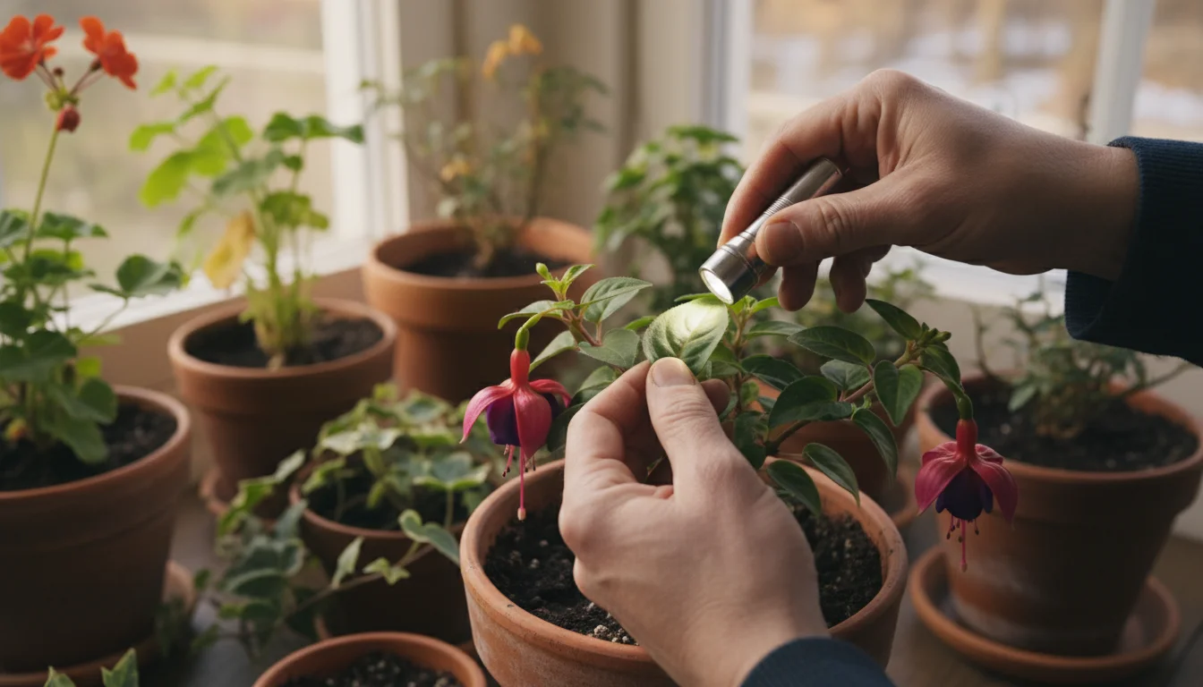 Gardener's hands carefully inspect the underside of a fuchsia leaf with a small flashlight, checking for pests on an indoor potted plant.