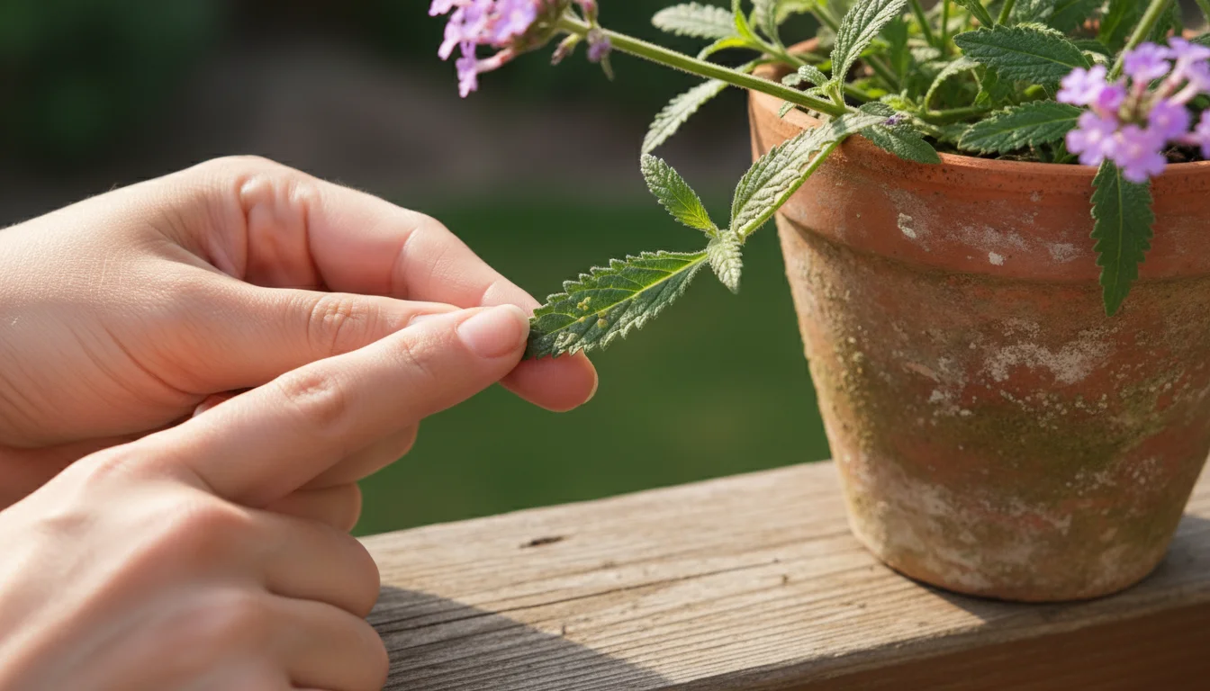 Gardener's hands inspect a verbena leaf for tiny aphids in a terracotta pot on a wooden balcony railing.