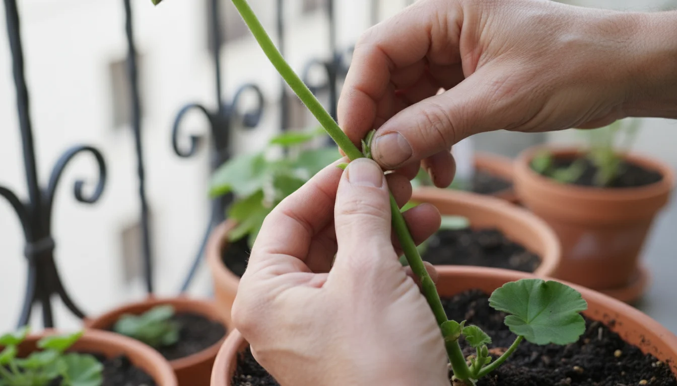Gardener's hands gently inspecting a healthy, pencil-thick geranium stem in a terracotta pot on an urban balcony.