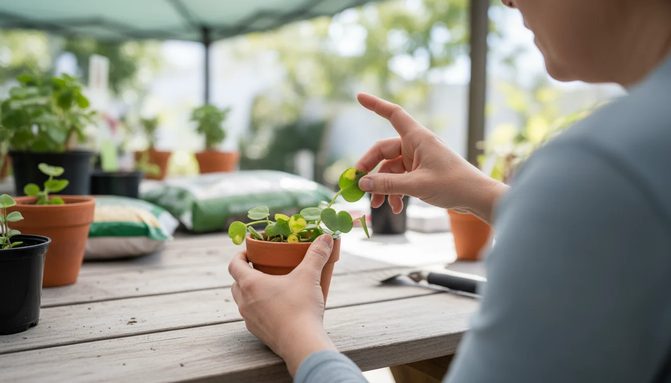 A gardener's hands gently inspecting a potted plant leaf for pests or disease at a swap event, with other plants in background.