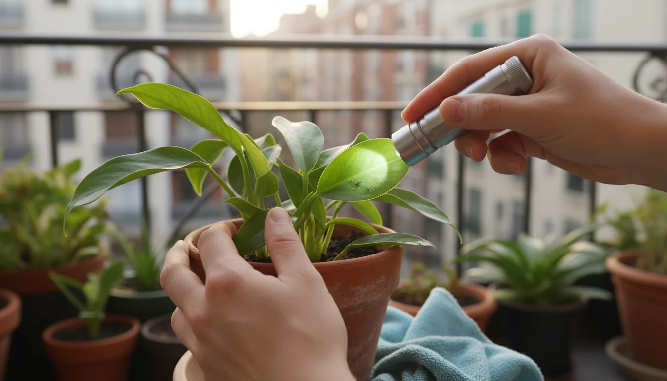 Close-up of a gardener's hands inspecting a potted tropical plant leaf on an urban balcony with a flashlight, checking for pests.