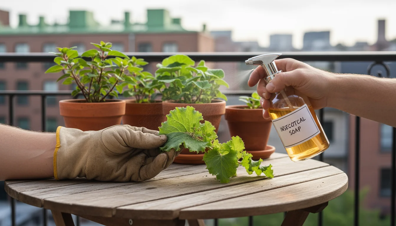 Close-up of gardener's hands inspecting and preparing to spray a container plant with insecticidal soap on a shaded urban patio.