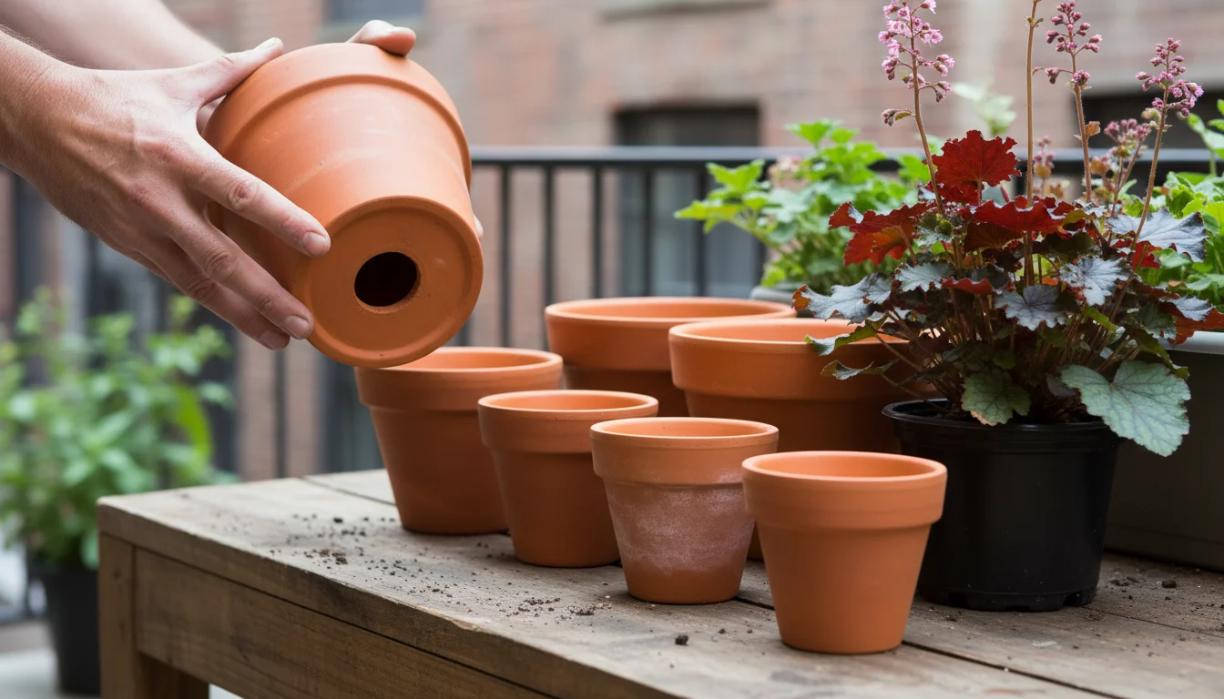Gardener's hands inspecting a terracotta pot's drainage hole on a patio table with other pots and a Heuchera plant.