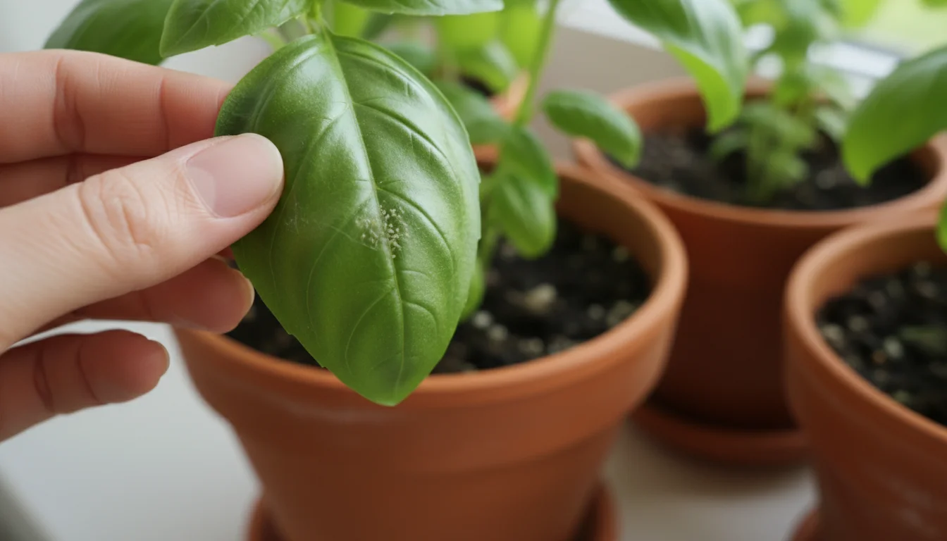 Close-up of gardener's hands inspecting the underside of a basil leaf in a terracotta pot, revealing tiny aphids.