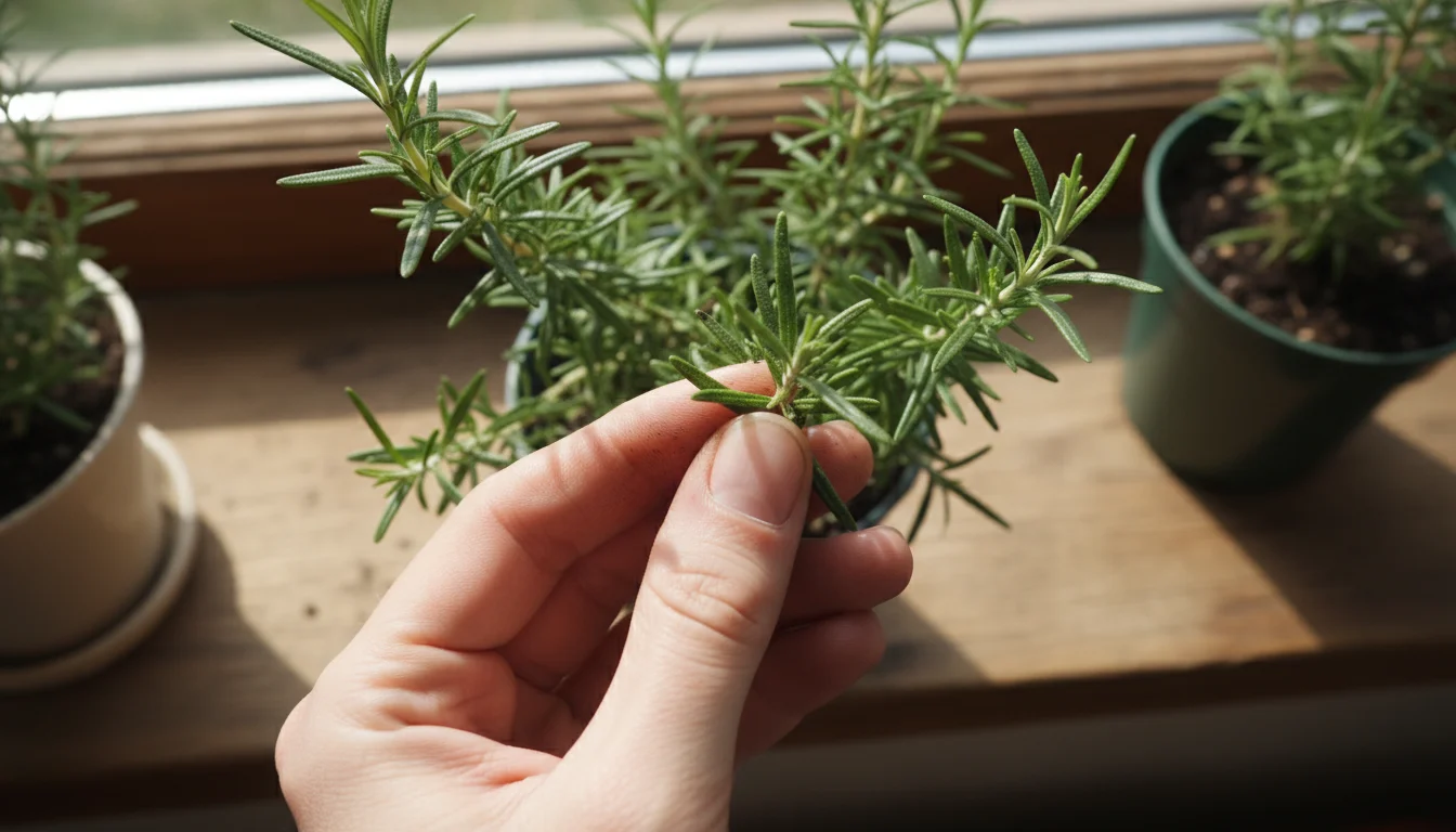 Close-up of a gardener's hands gently inspecting the underside of a potted rosemary leaf on an indoor windowsill, bathed in soft light.