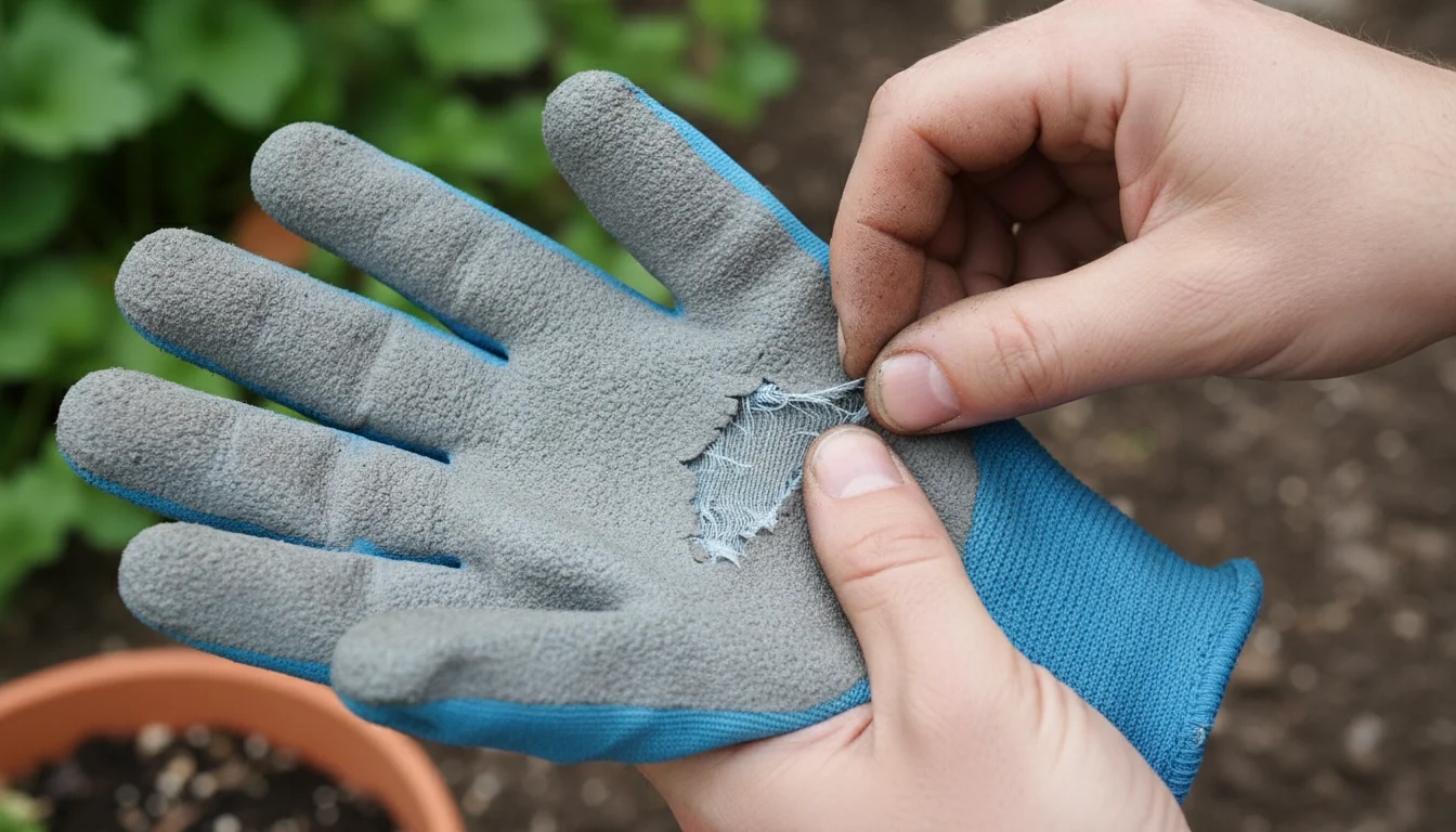 Gardener's hands inspecting a well-worn, coated fabric glove, highlighting peeling grip and thinning material on the palm.