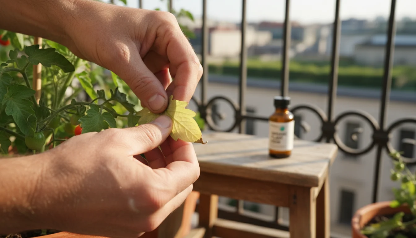 Gardener's hands inspecting a slightly yellowing cherry tomato leaf with a crisp edge, with liquid fertilizer bottle in background.