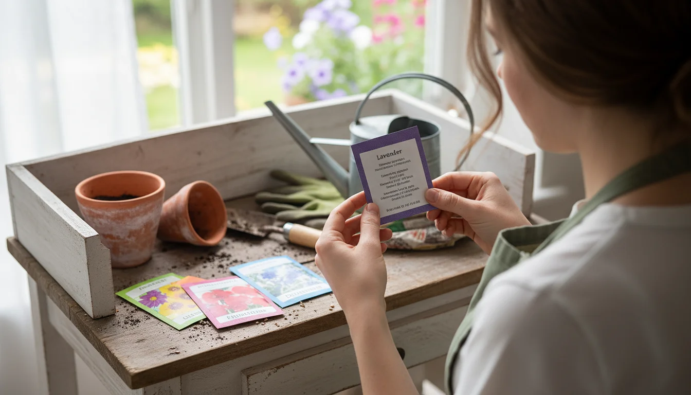 A gardener's hands intently read a lavender seed packet, surrounded by other perennial seed packets and a small potted lavender plant on a table.
