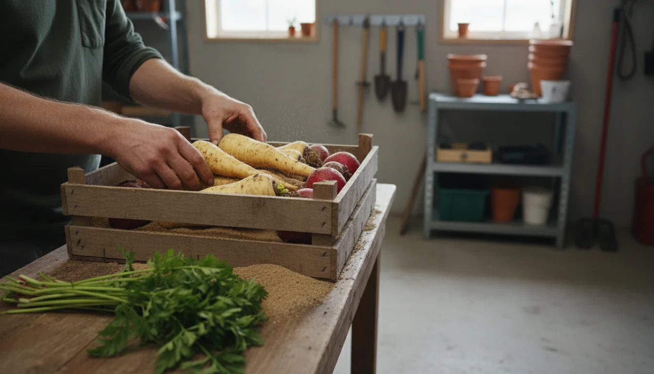 A gardener's hands carefully layer freshly harvested parsnips and small beets into a wooden crate with damp sand.