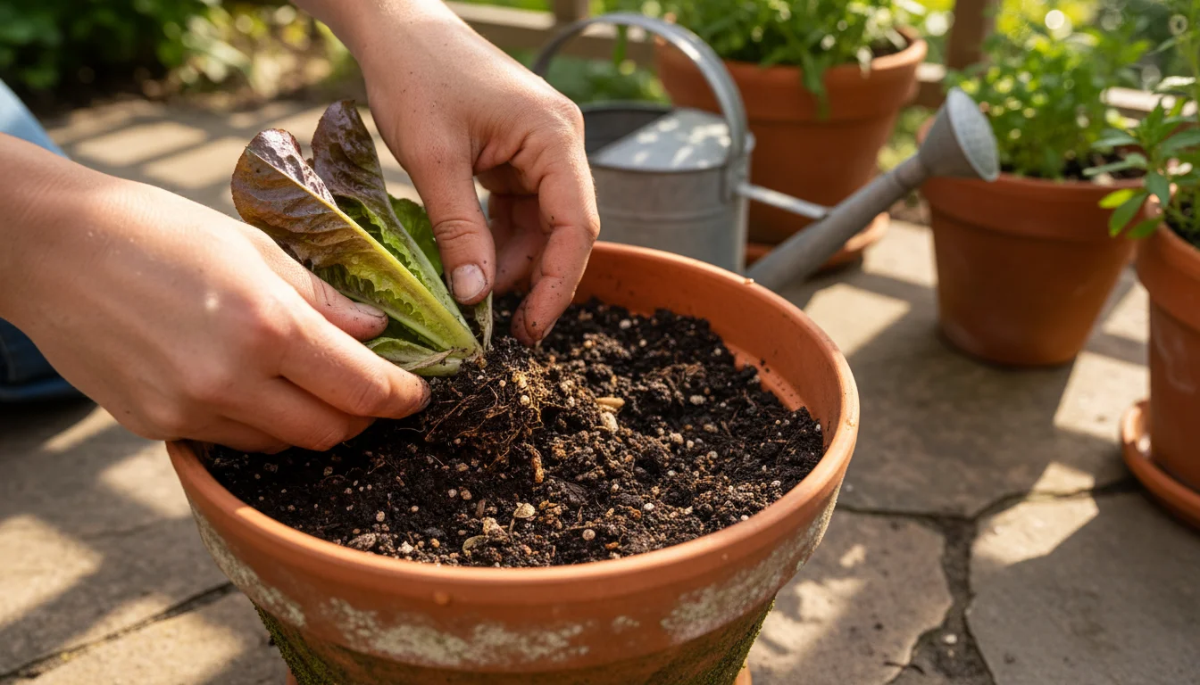 Gardener's hands gently lift a spent plant from a terracotta pot, revealing rich, crumbly soil and healthy, intertwined roots.