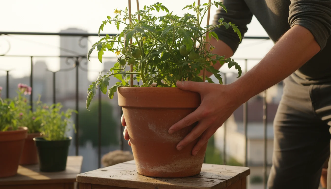 A gardener's hands gently lift a terracotta pot with a healthy patio tomato plant, thoughtfully assessing its weight on a sunlit patio.