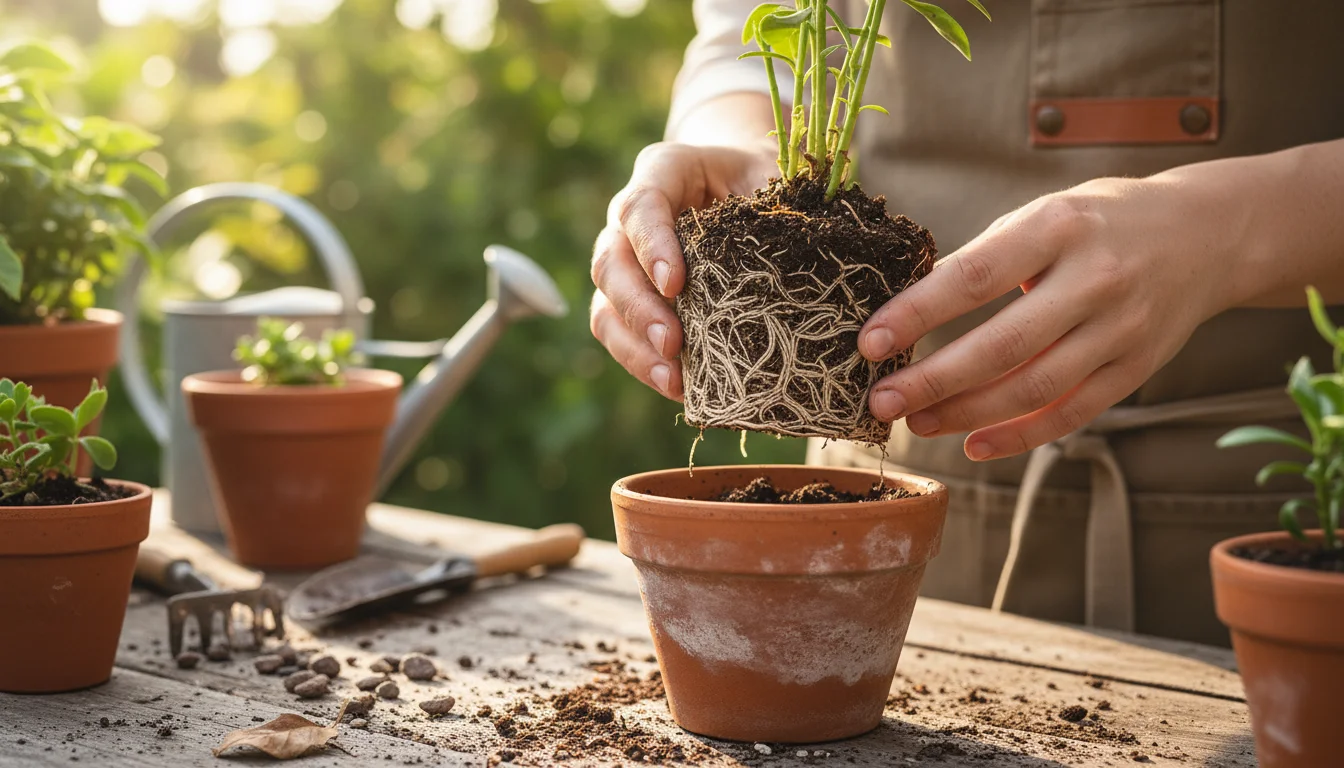 Close-up of a gardener's hands lifting a root-bound container plant from its pot, revealing a dense, spiraling root ball.