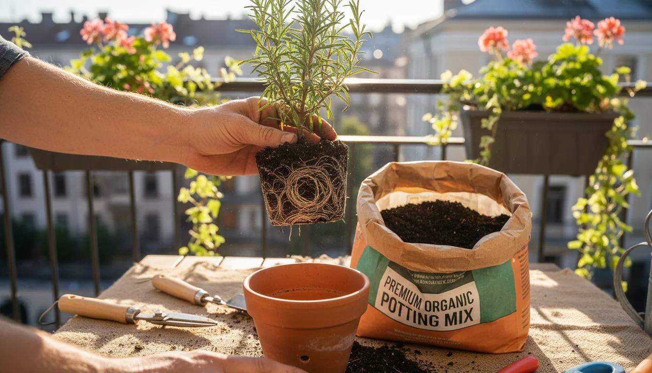 Gardener's hands lifting a root-bound herb plant from its pot on a sunlit balcony, revealing dense, circling roots, with fresh potting mix nearby.
