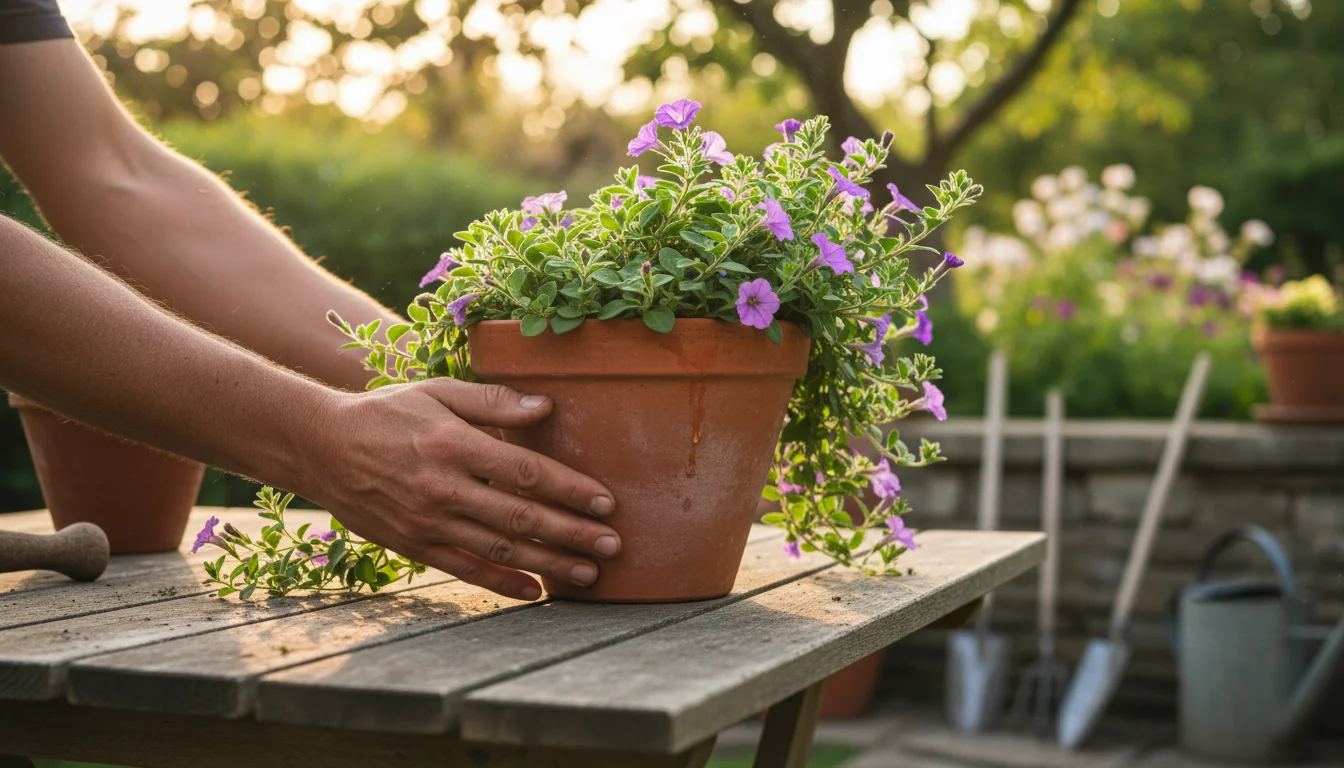 Close-up of a gardener's hands lifting a medium terracotta pot with a vibrant green trailing plant, assessing its weight on a sunlit patio table.