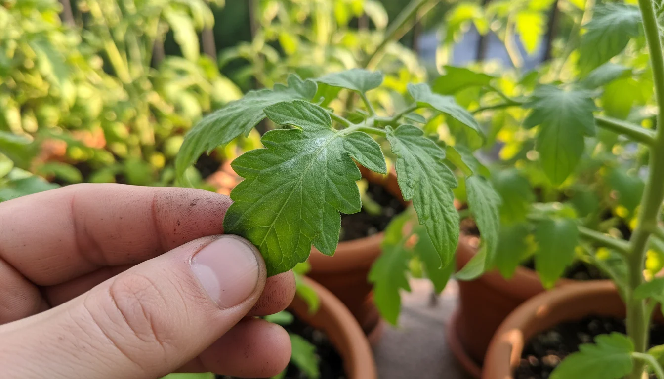 Close-up of a gardener's hands lifting a tomato leaf to reveal faint powdery mildew on its underside, illuminated by soft sunlight on an urban balcony