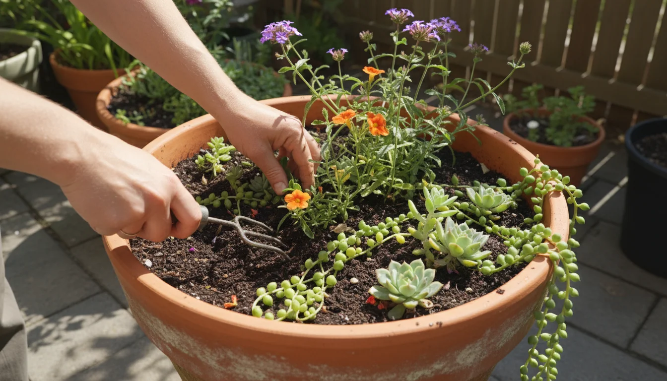 A gardener's hands gently loosen the soil around leggy annuals and fading bulb foliage in a large terracotta pot on a patio, using a small hand cultiv