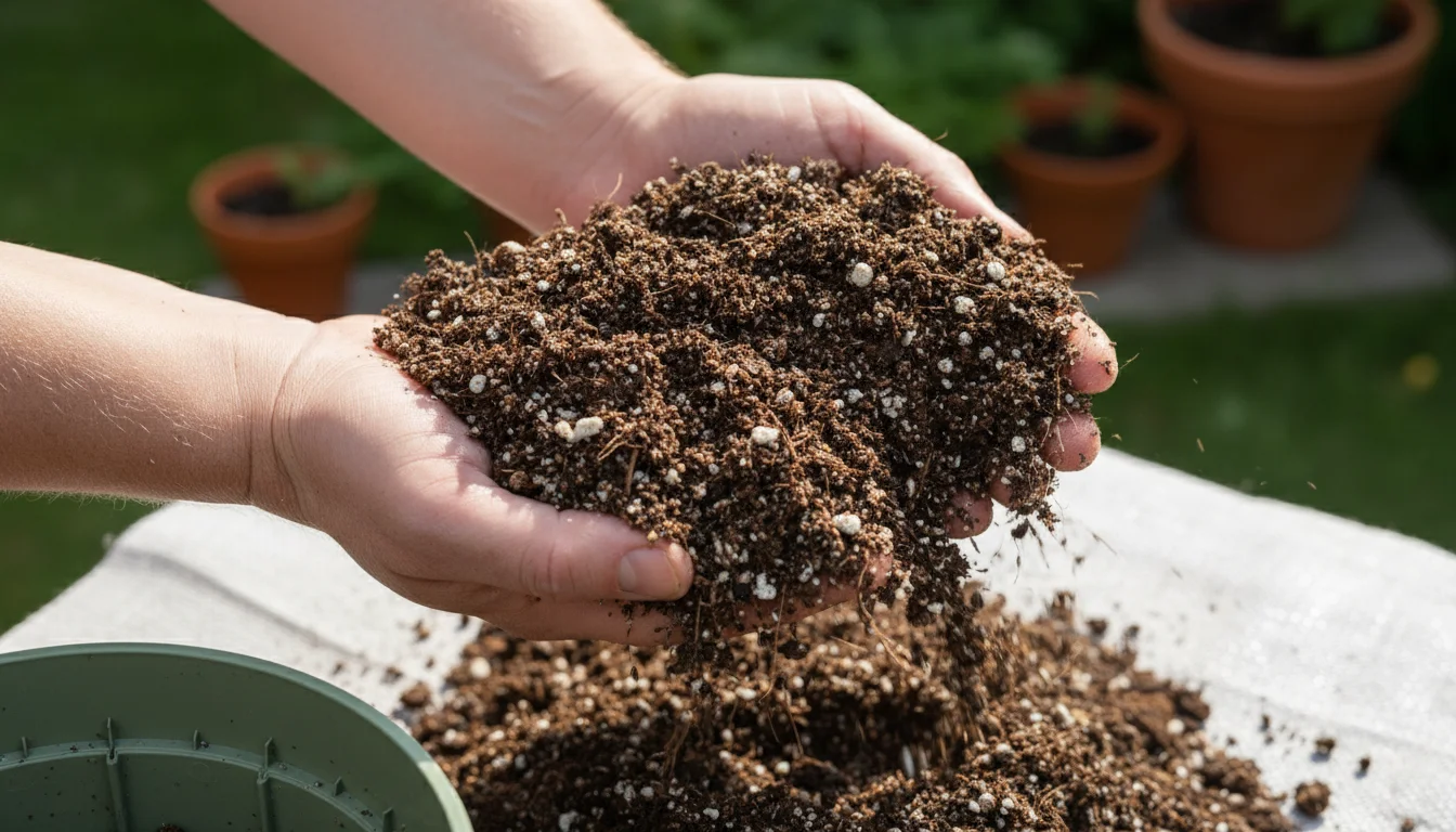 A gardener's hands loosening dark, airy potting mix, with a planter and a bag of soil nearby.