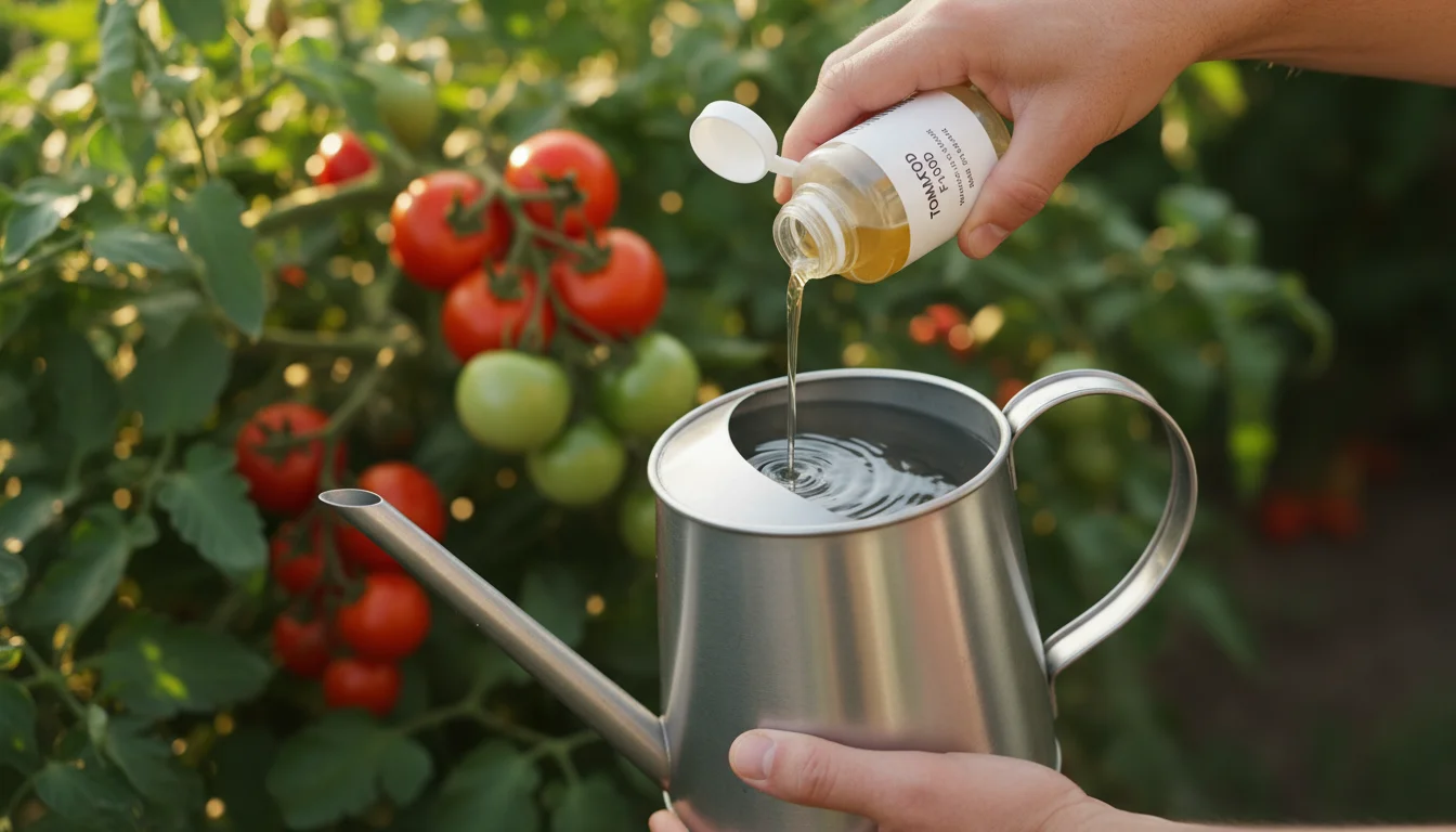 A gardener's hands meticulously dilute liquid fertilizer into a small metal watering can, preparing to feed a container tomato plant on a balcony.