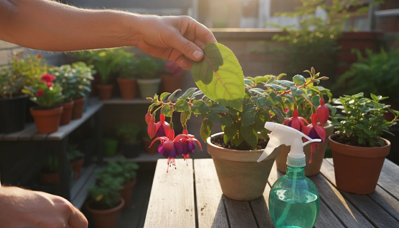 Gardener's hands meticulously inspect the underside of a fuchsia plant leaf in a terracotta pot on a wooden patio table, spray bottle nearby.