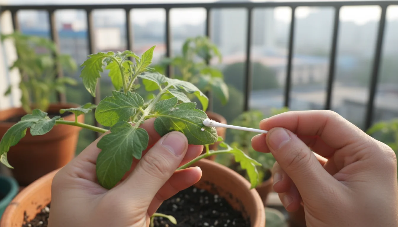 A gardener's hands meticulously wipe mealybugs from a tomato plant leaf with a cotton swab in a sunny balcony container garden.