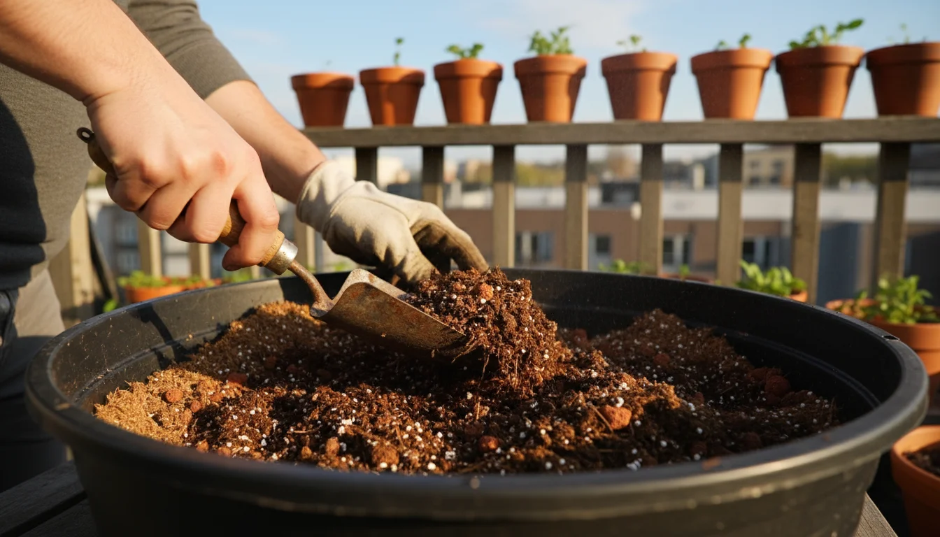 Gardener's hands mix compost, coco coir, and potting soil in a black tub on a small urban balcony, with a bag of perlite nearby.