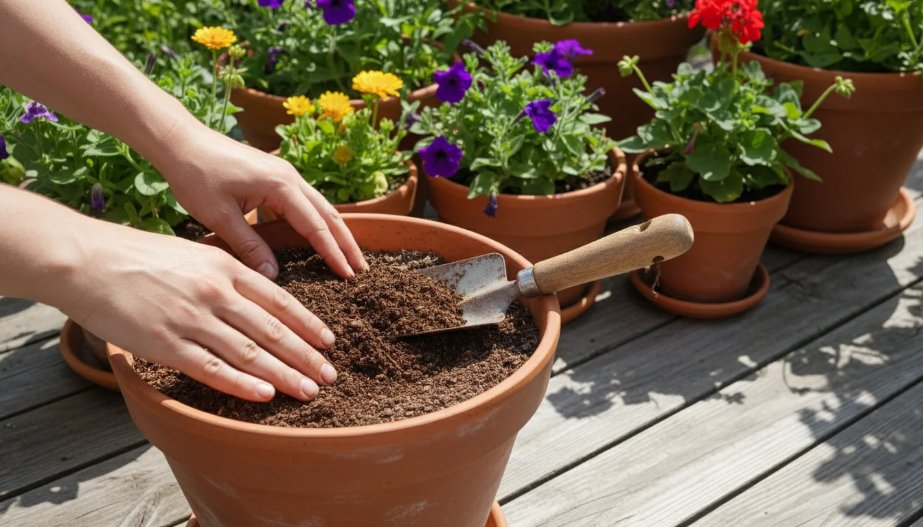 A gardener's hands mix dark compost into depleted potting soil in a terracotta pot on a sunny deck, surrounded by other container plants.