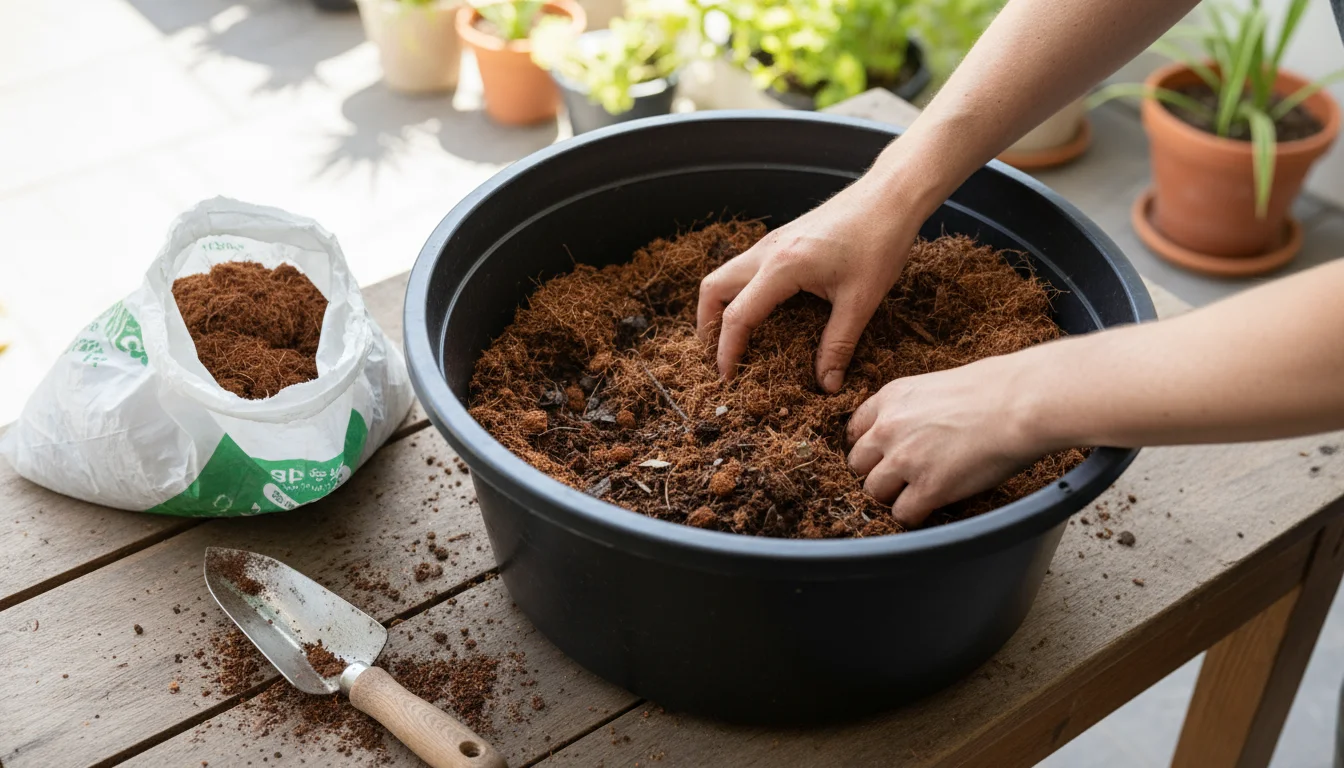 A gardener's hands mix dark compost and light coco coir in a tub on a wooden bench, with a bag of coco coir nearby.