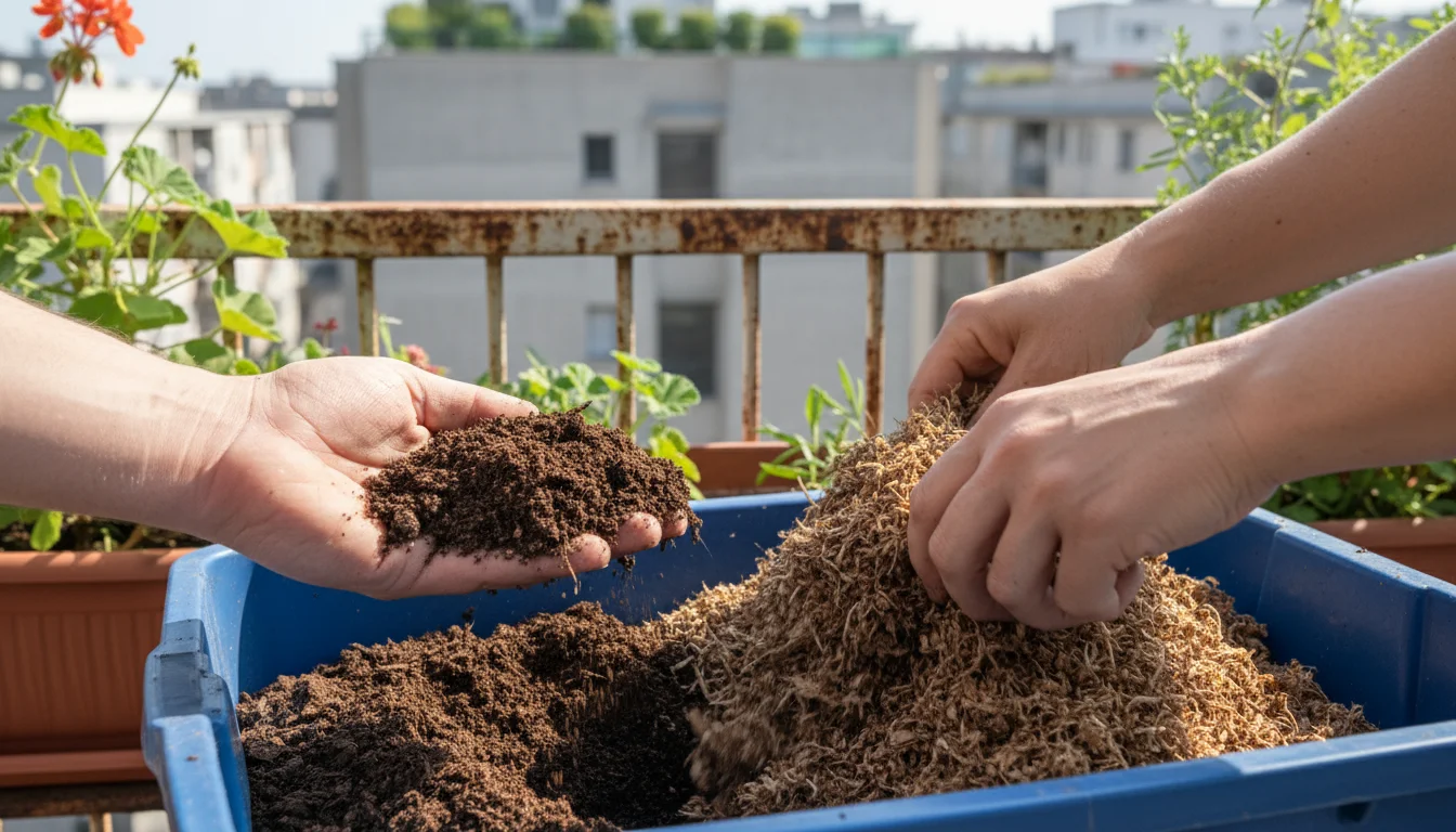 A gardener's hands mix finely shredded leaf compost into dark potting soil within a sturdy plastic bin on a sunlit urban balcony.
