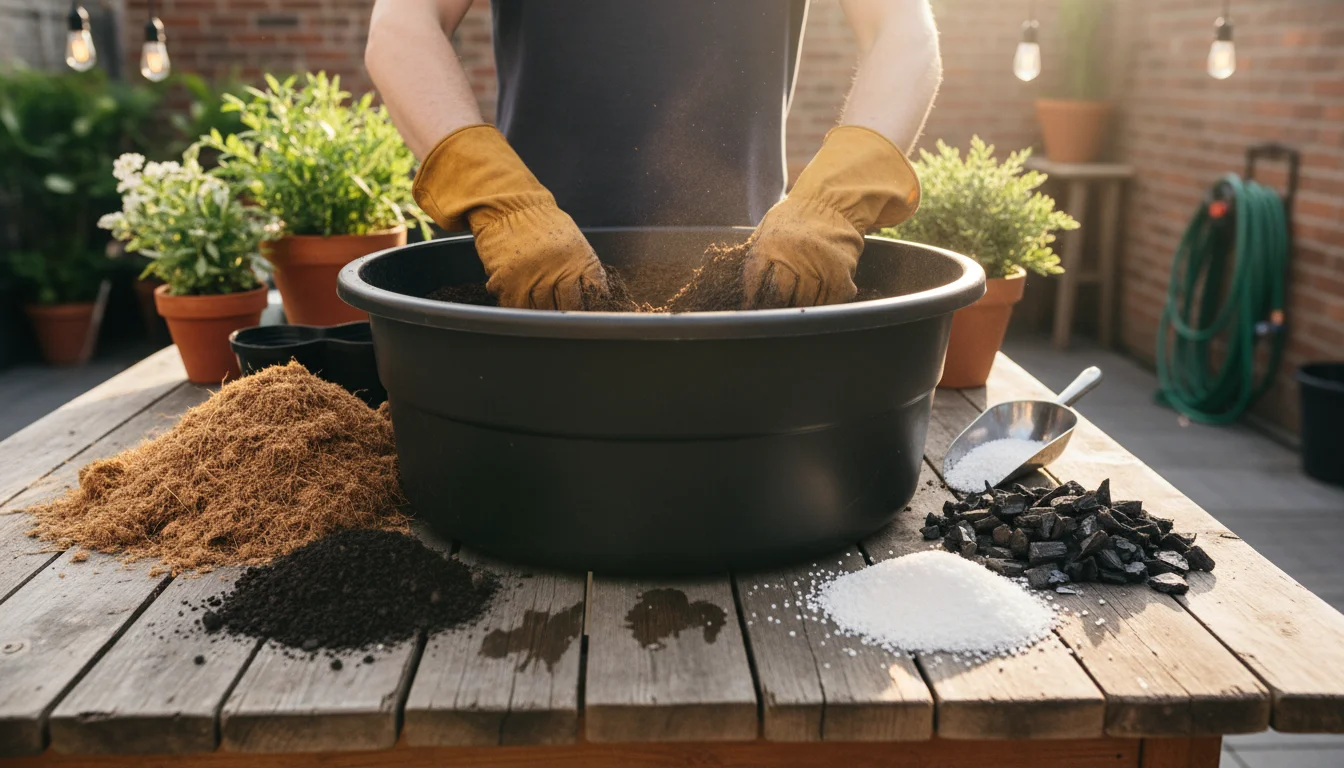 Gardener's hands mix peat-free coir, compost, perlite, and bark in a large flexible trug on a patio table, building water-retentive container soil.