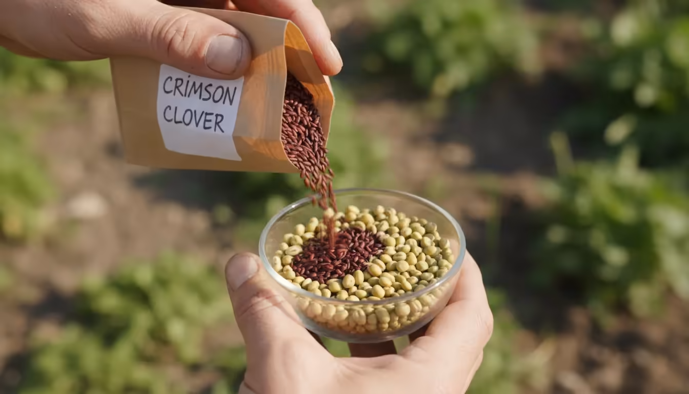 Gardener's hands mix reddish crimson clover and pale winter rye seeds in a bowl, preparing a 'cover crop cocktail' for a dark container pot on a weath