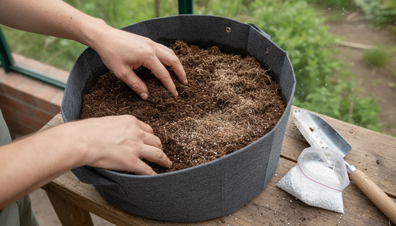 Gardener's hands mixing dark compost into used potting mix in a fabric grow bag on a potting bench, with perlite nearby.
