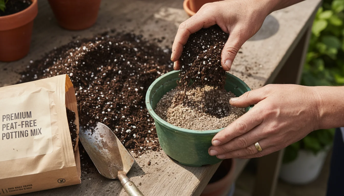 Close-up of gardener's hands mixing fresh peat-free potting mix, visible coir and perlite, into older soil in a tub on a compact patio.