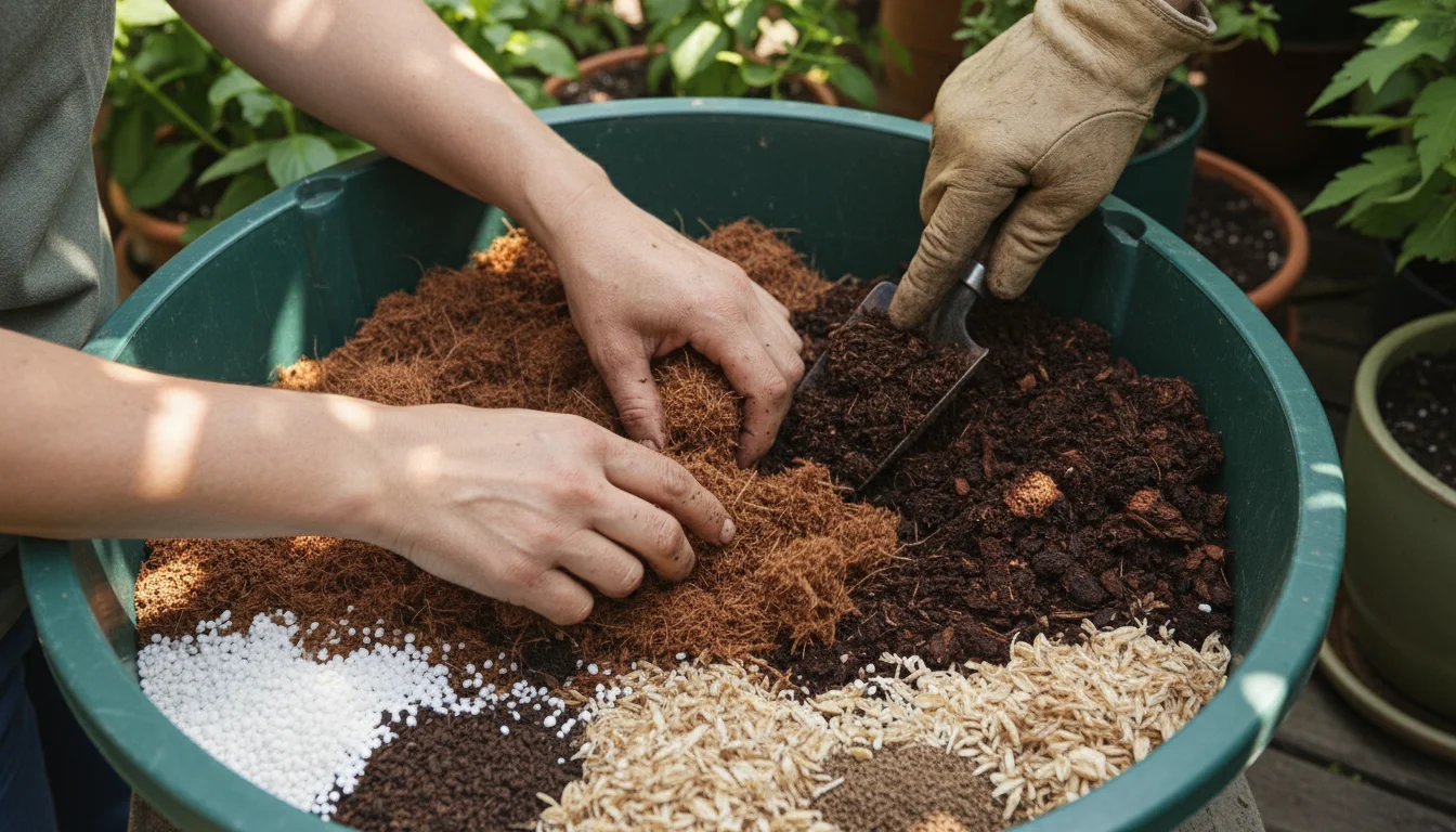 Gardener's hands mixing light brown coco coir and dark composted bark in a gray tub, with other peat-free materials nearby on a balcony.