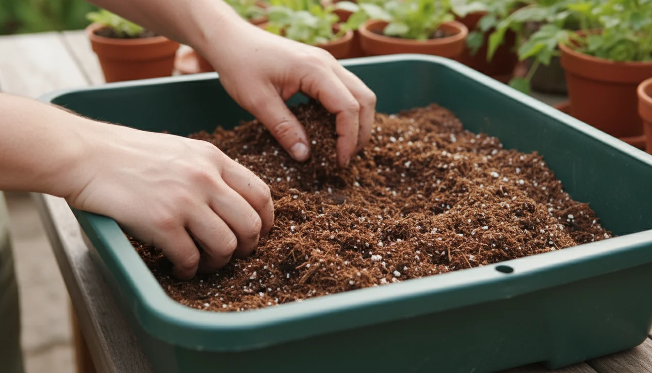 Close-up of gardener's hands mixing old potting mix with fresh compost and new soil in a wide trug on a patio.