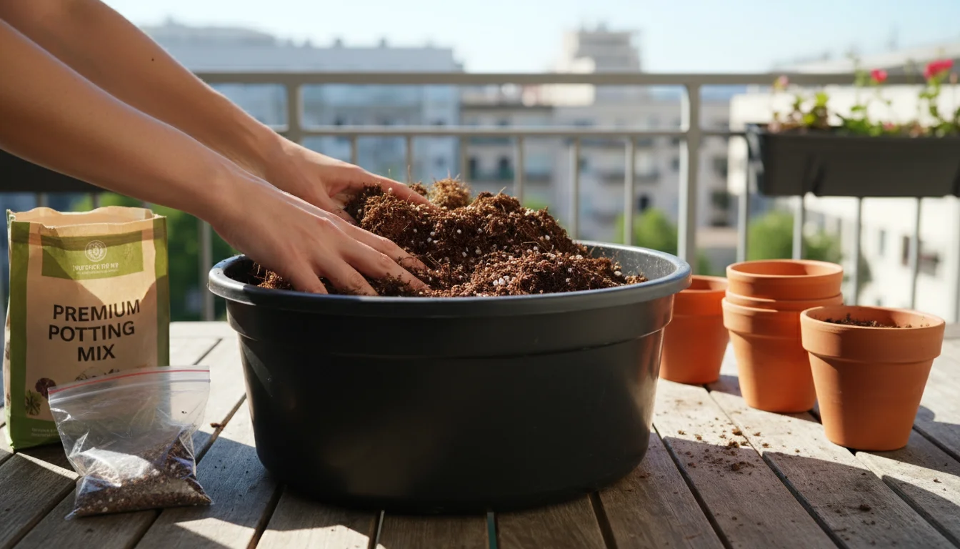 Gardener's hands mixing rich potting soil with perlite in a black trug on a sunny balcony table, preparing for container herbs.