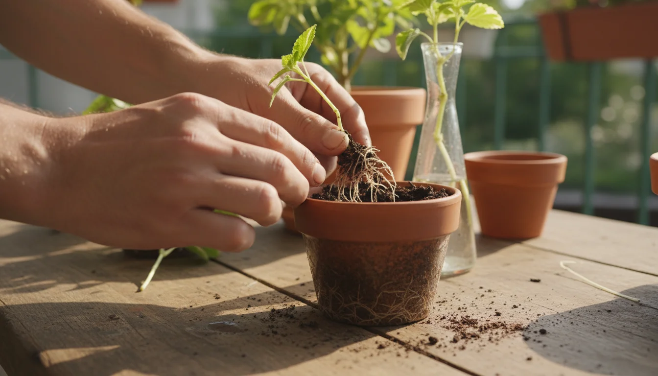 Gardener's hands gently move a delicately rooted plant cutting from a clear glass jar into a small terracotta pot filled with soil on a wooden table.