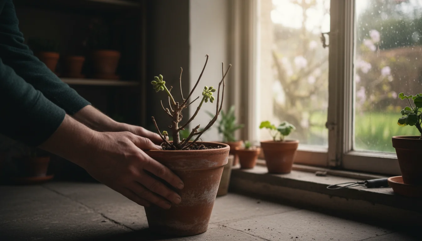 A gardener's hands carefully move a terracotta pot with a geranium showing tiny new green buds.