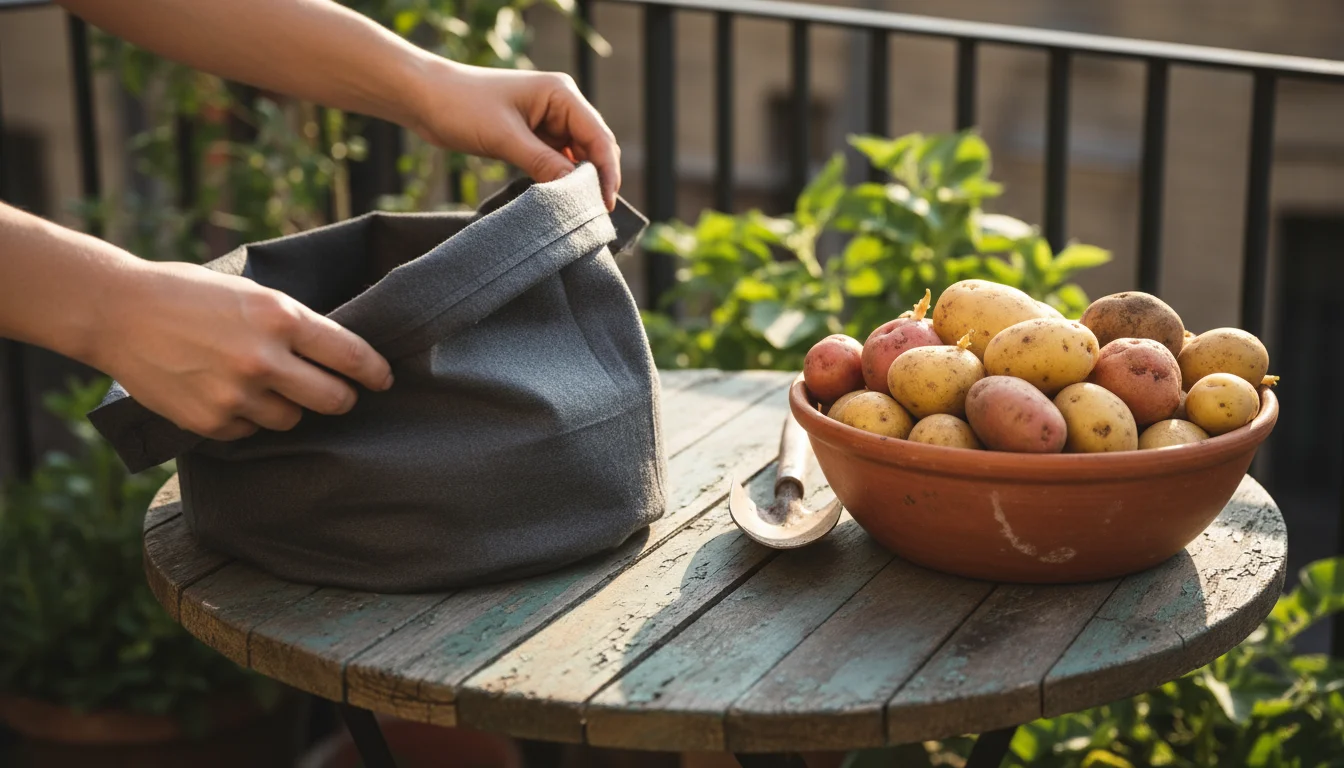 Gardener's hands examining a new dark fabric grow bag, unfolded, beside a terracotta bowl filled with various seed potatoes on a small balcony table.