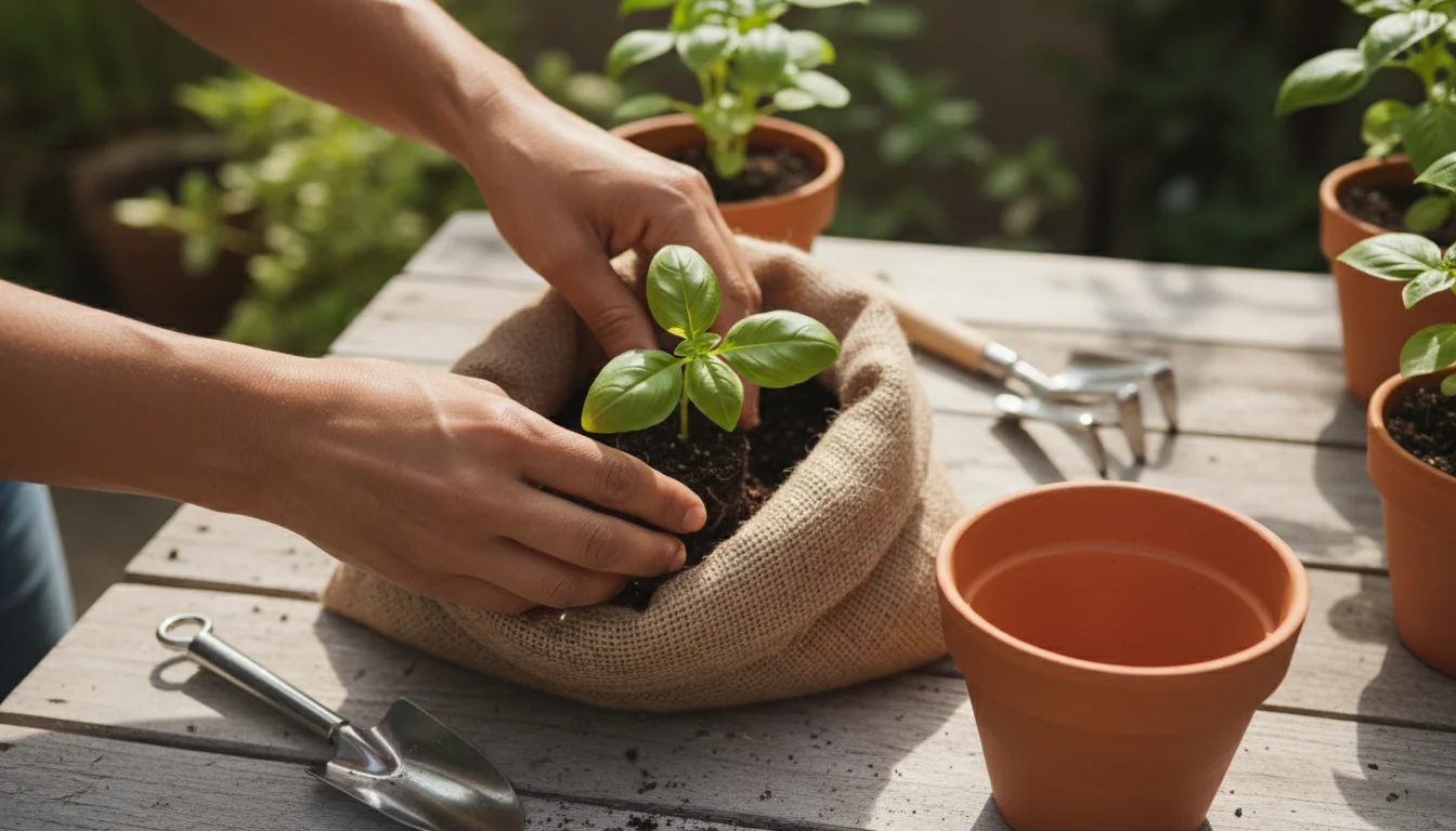 Close-up of gardener's hands, one holding a green basil seedling, the other near an open bag of potting mix and an empty terracotta pot.